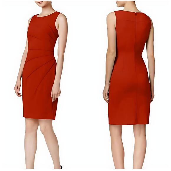 Calvin Klein Red Starburst Ruched Sleeveless Career Party Sheath Dress 4 - Picture 1 of 11
